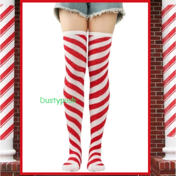 Peppermint Red White Candy Cane Over The Knee Socks Green Thigh High Christmas